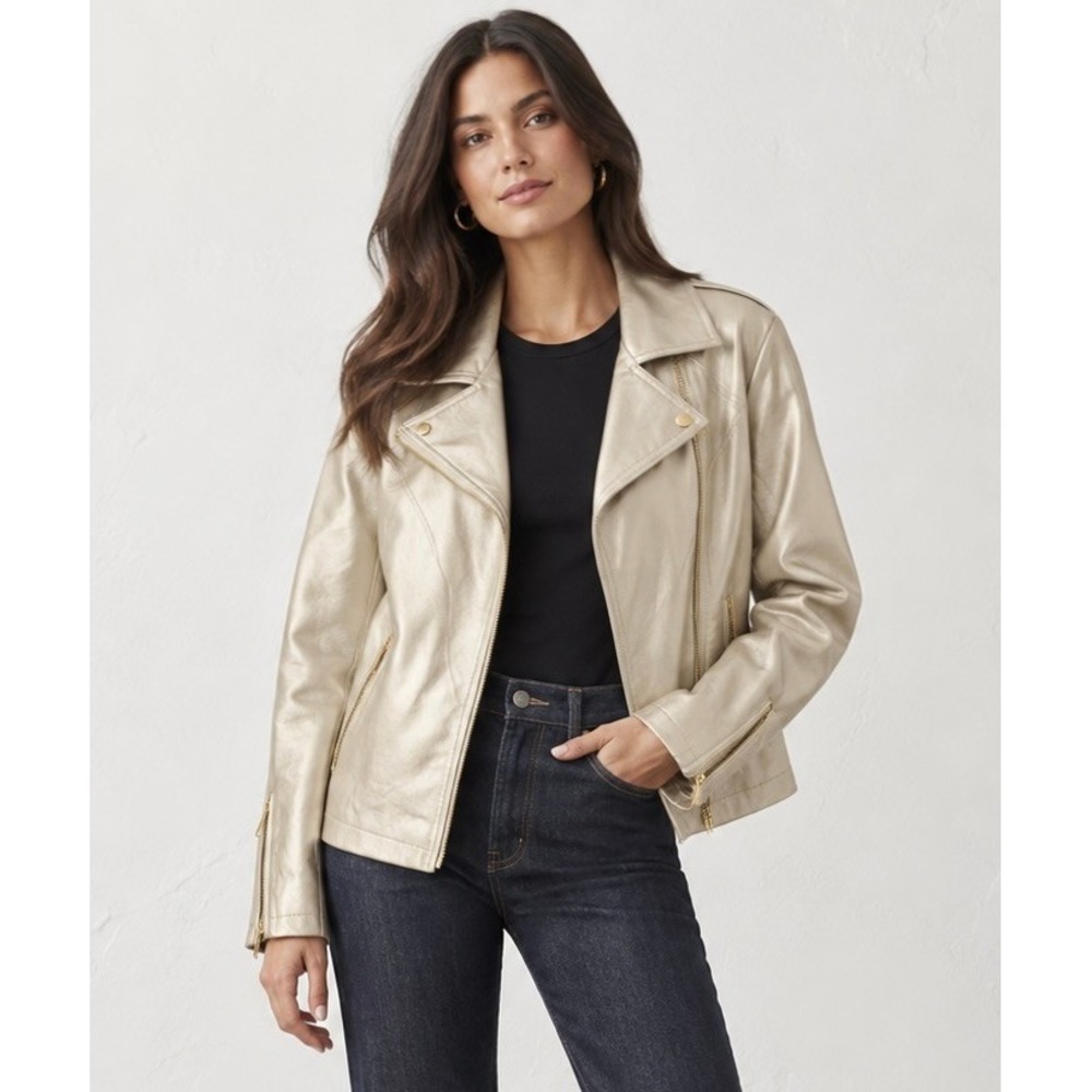 Kenneth Cole Soft Metallic Champagne Gold Vegan Leather Moto Biker Jacket 3X